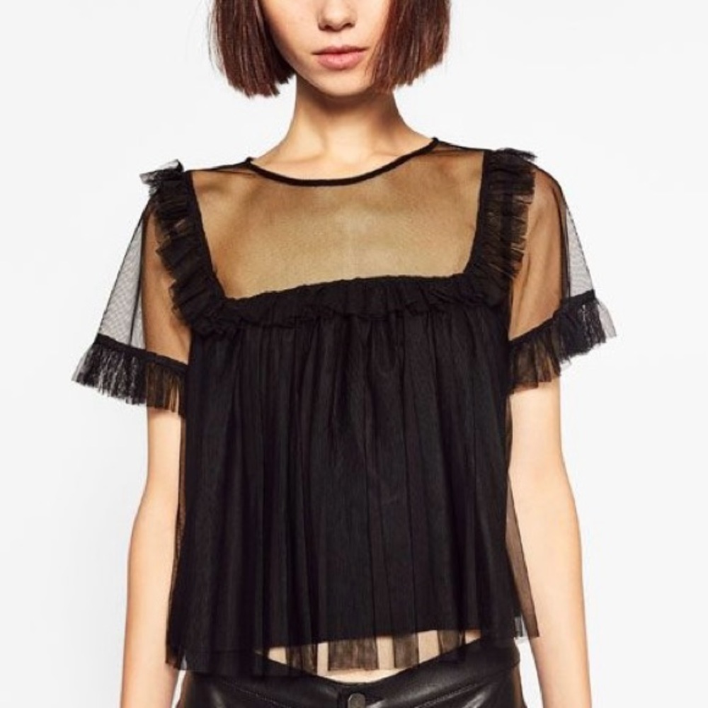 Zara Trafaluc Elegant Black Sheer Ruffle Top